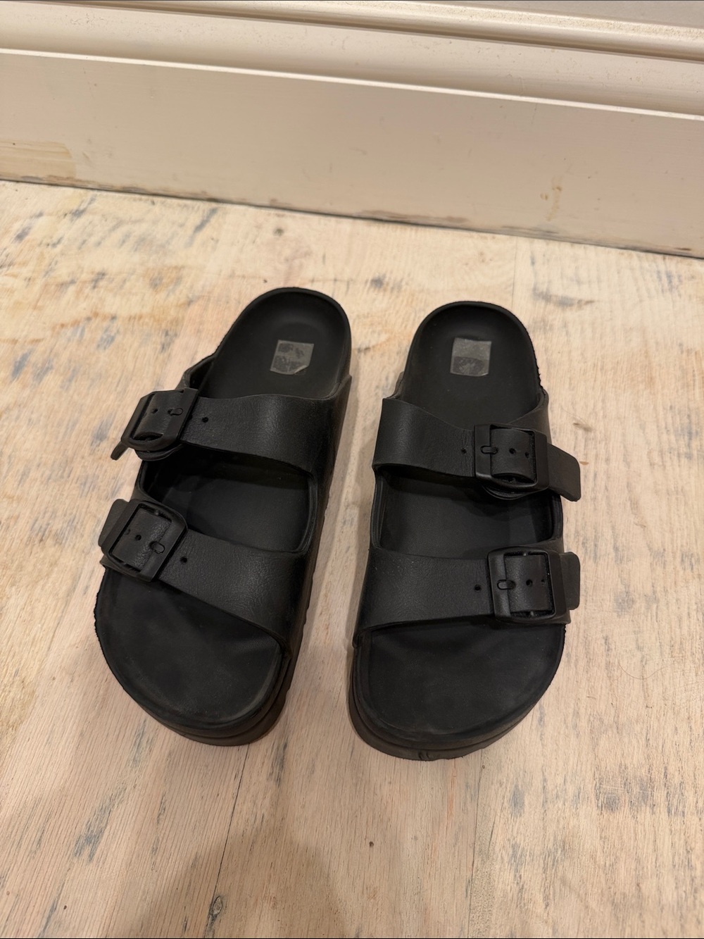 Black Double-Buckle Slide Sandals
